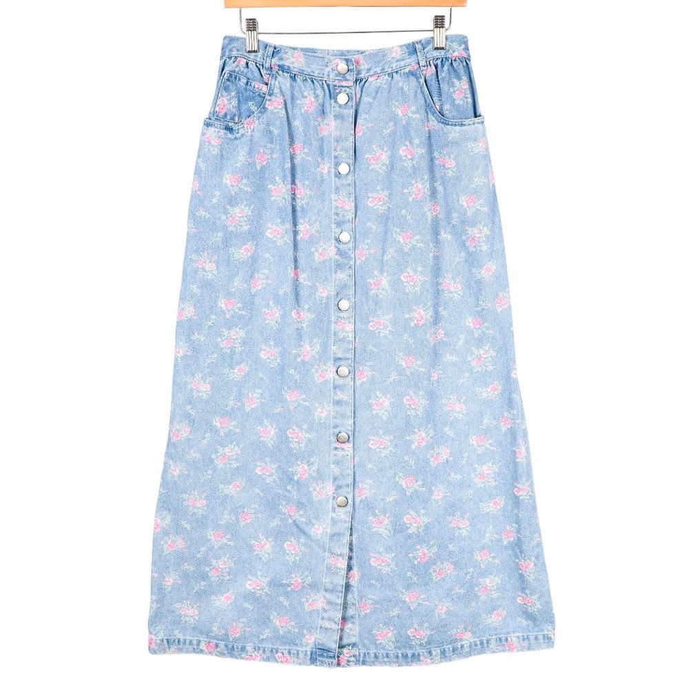 Susan Bristol Denim Skirt 12 Womens Floral Blue Pink Button Down Pockets Modest